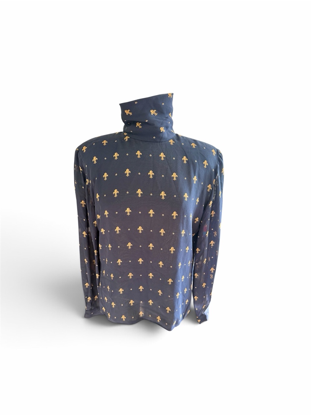 Navy Funnel Neck Silk Sheer Blouse with Gold Fleur-de-Lis Pattern